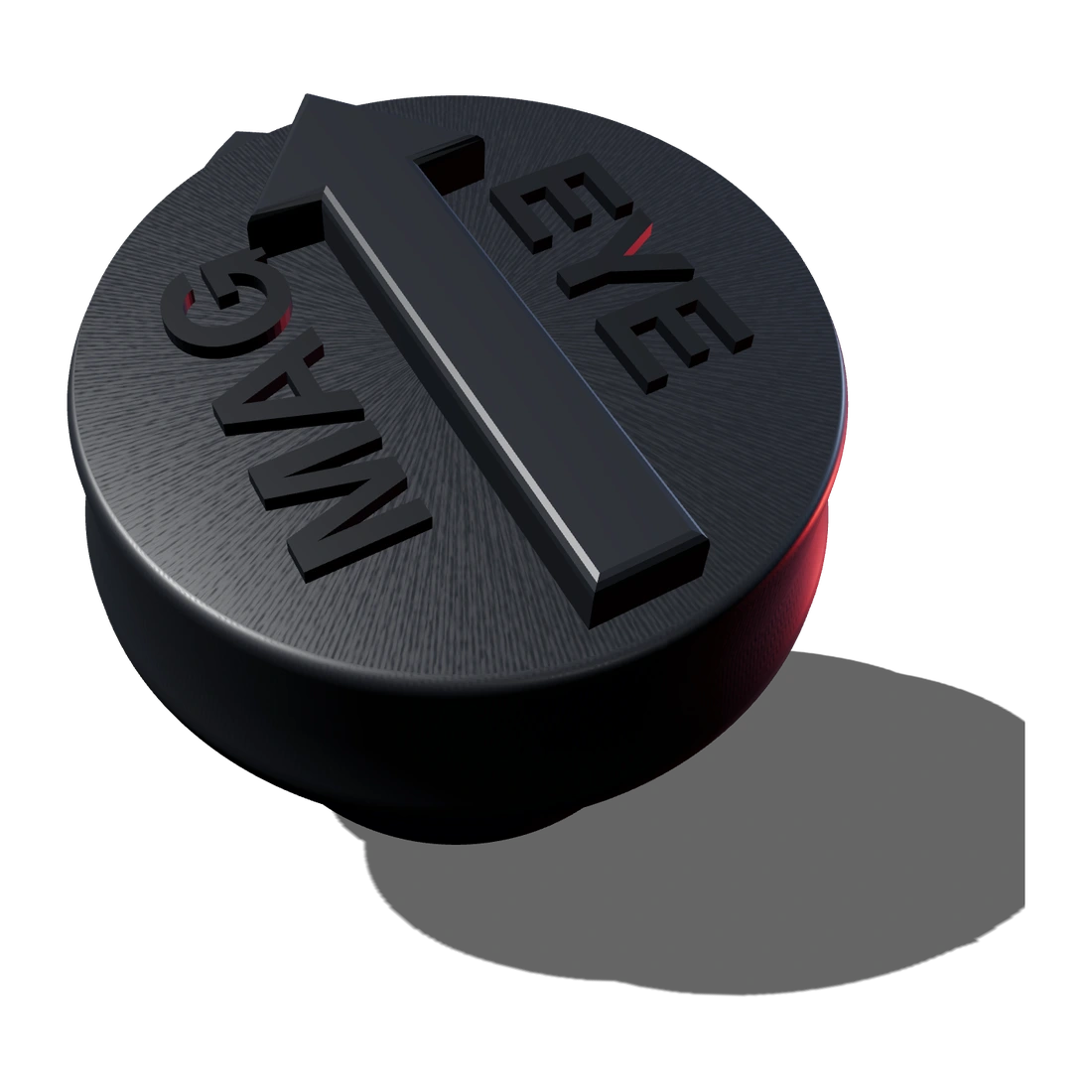 Magnetic Hub Plug, three-quarter view of the molded EYE MAG face, raised arrow and magnet tab