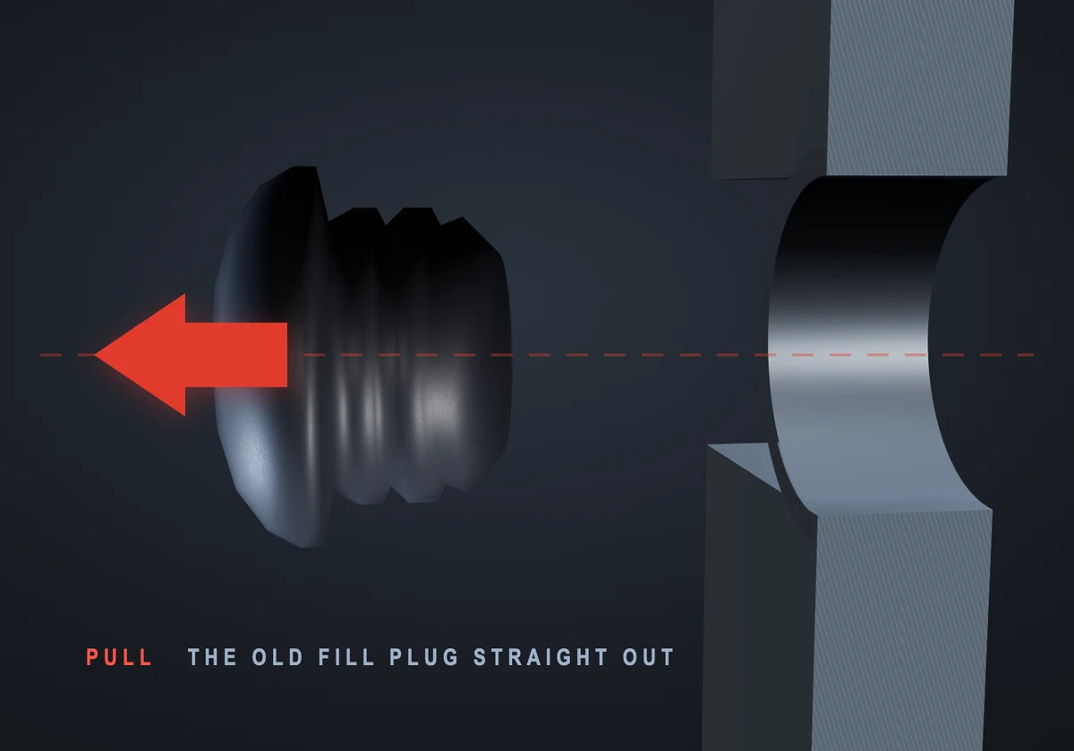 Cutaway diagram: pull the old oil fill plug straight out of the hub cap port
