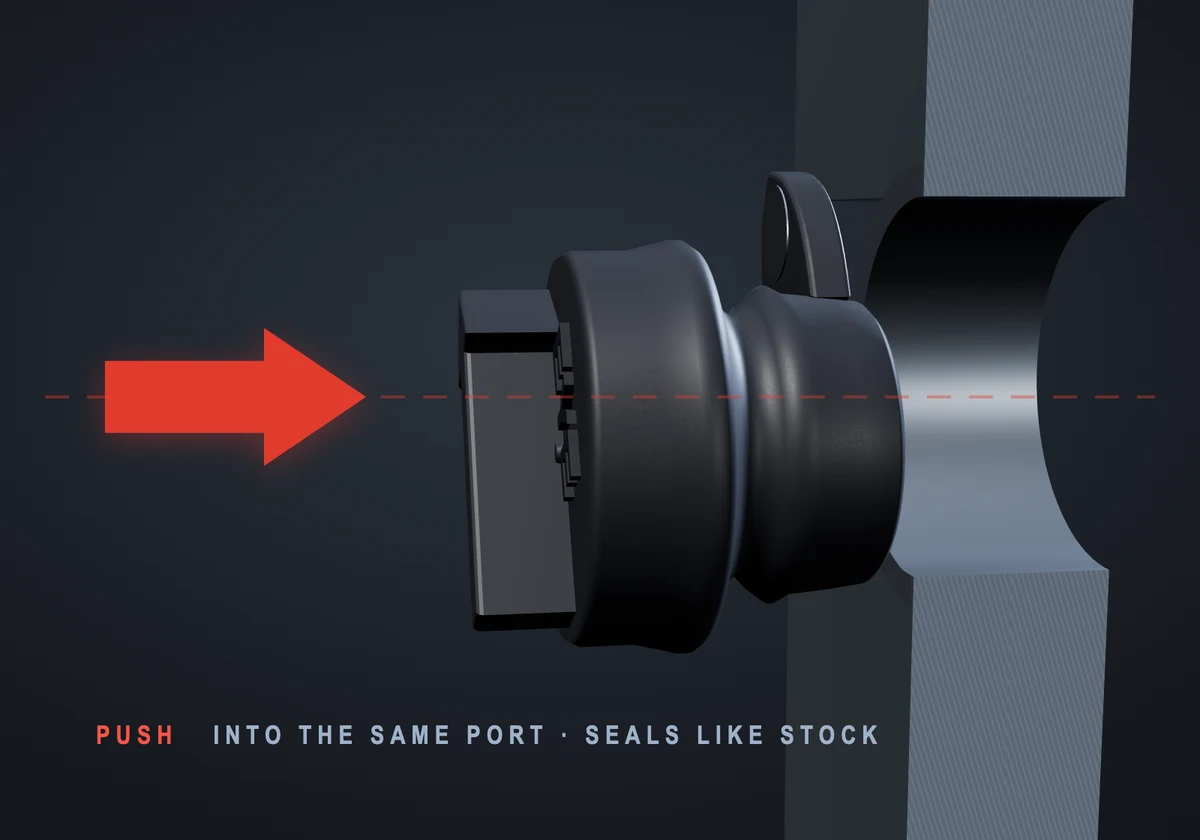 Cutaway diagram: push the Magnetic Hub Plug into the same fill port